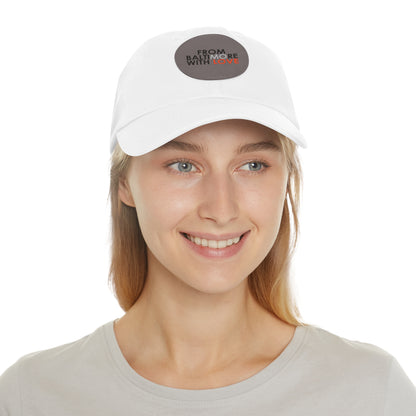 White and grey MO Love Dad Hat with round leather patch, casual style, adjustable hat from Printify.