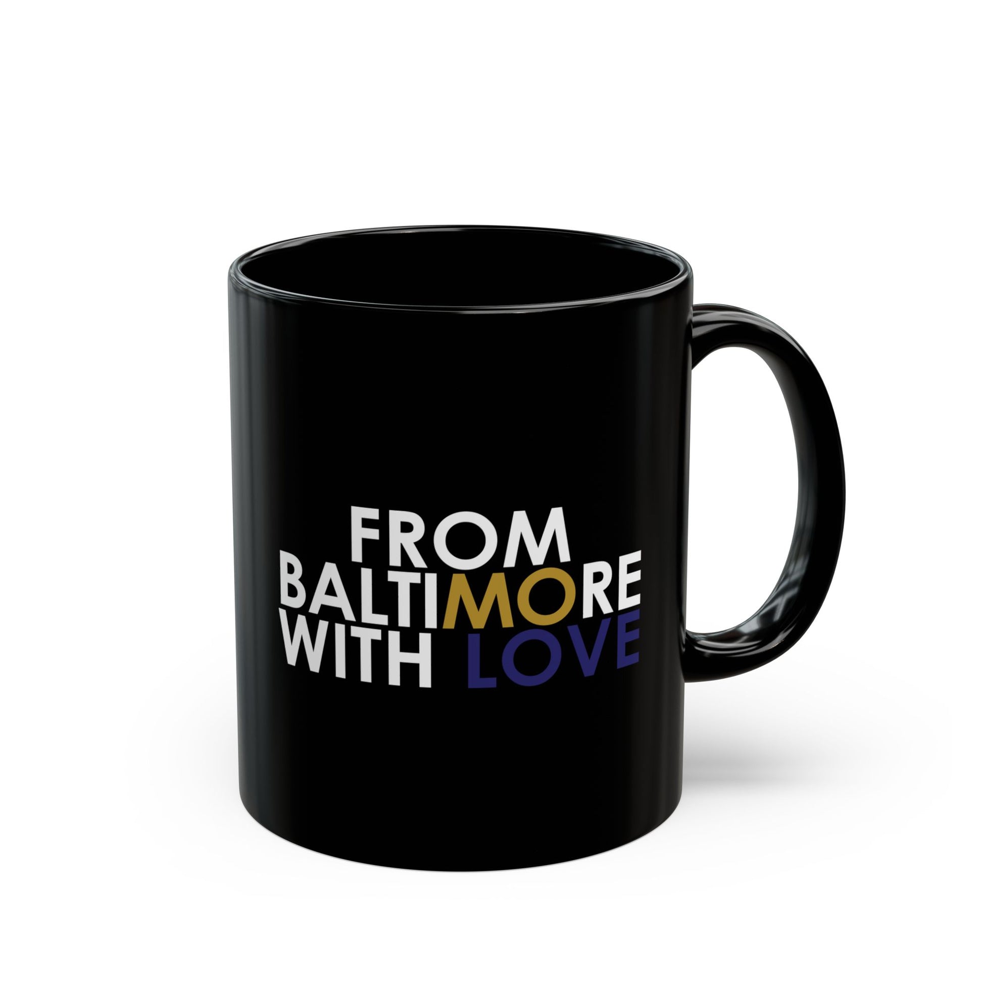 Black MO Love mug in 11oz and 15oz sizes, featuring a stylish design, made by Printify. Perfect for coffee or tea.