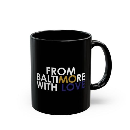 Black MO Love mug in 11oz and 15oz sizes, featuring a stylish design, made by Printify. Perfect for coffee or tea.