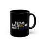 Black MO Love mug in 11oz and 15oz sizes, featuring a stylish design, made by Printify. Perfect for coffee or tea.