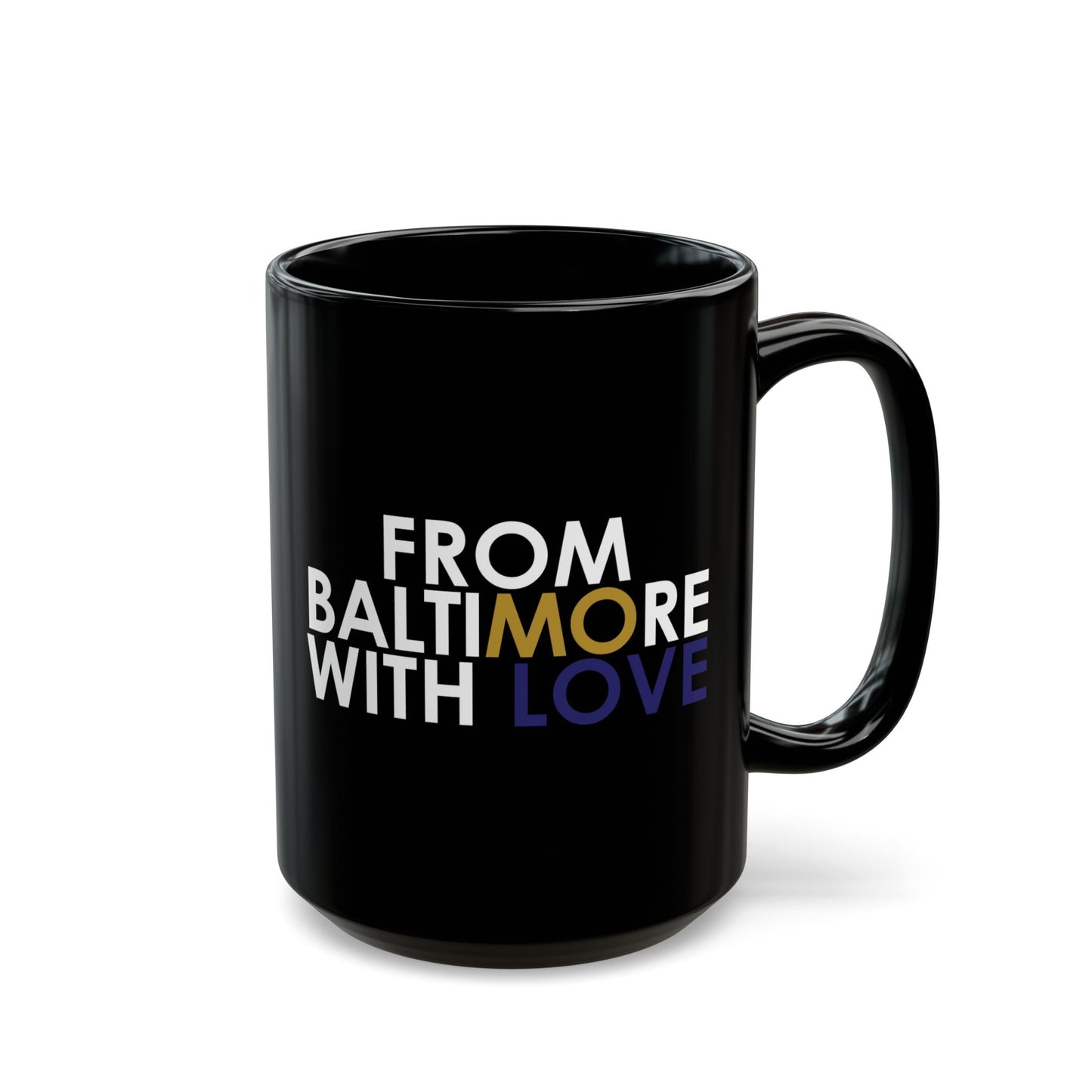 Black MO Love mug by Printify, available in 11oz and 15oz sizes, featuring a stylish design on a ceramic mug.