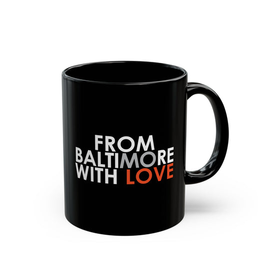 Black MO Love mug by Printify, available in 11oz and 15oz sizes, featuring a sleek design and comfortable handle.