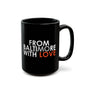 Black MO Love mug by Printify, 11oz and 15oz sizes, featuring a stylish design, ideal for hot beverages.