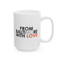 Printify MO Love ceramic mug in 11oz and 15oz sizes, featuring a white mug with a colorful MO Love design.