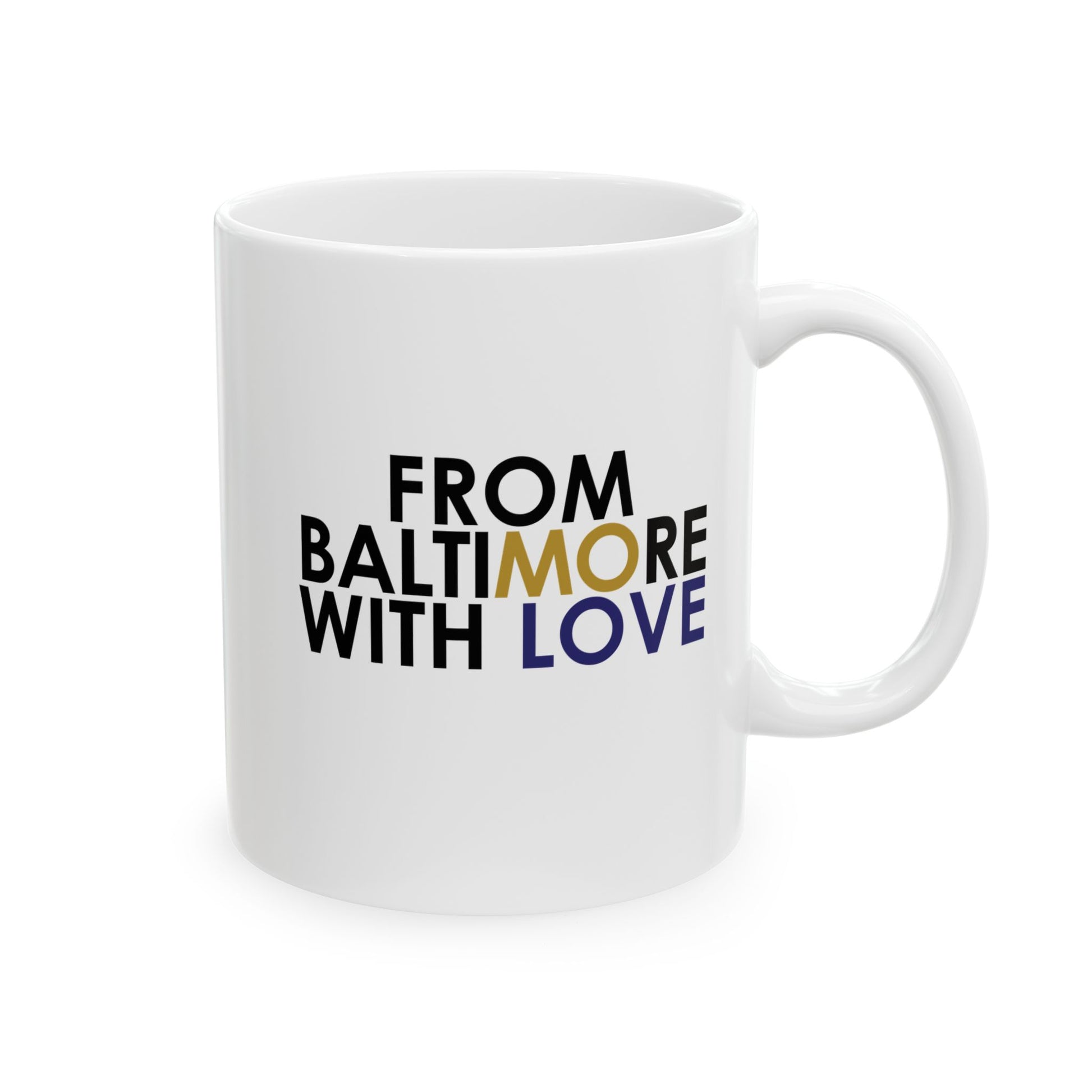 Printify MO Love ceramic mug in 11oz or 15oz with a modern design, featuring a smooth ceramic surface and comfortable handle.